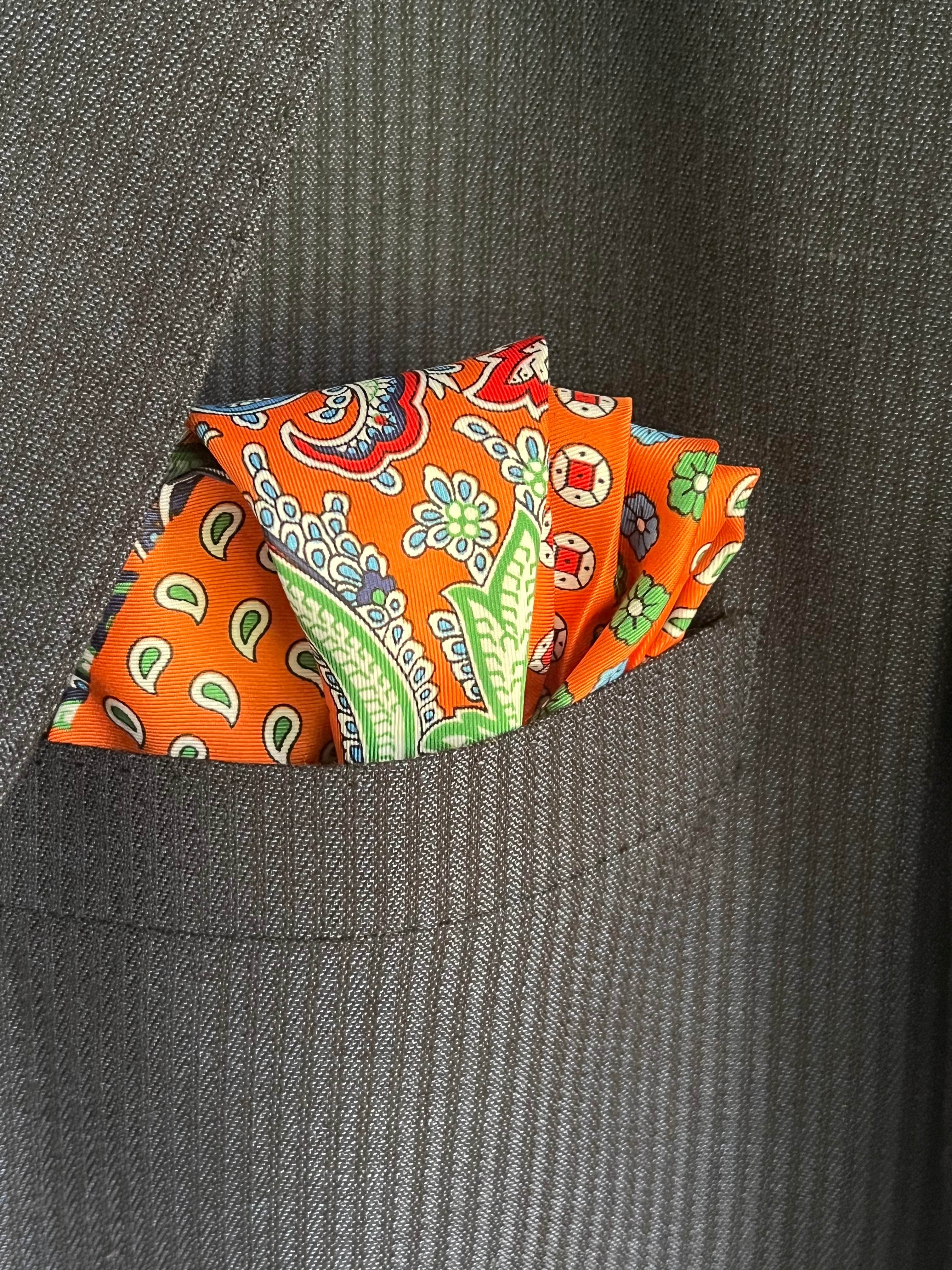 Red and Blue Paisley Silk Pocket Square in Burnt Orange