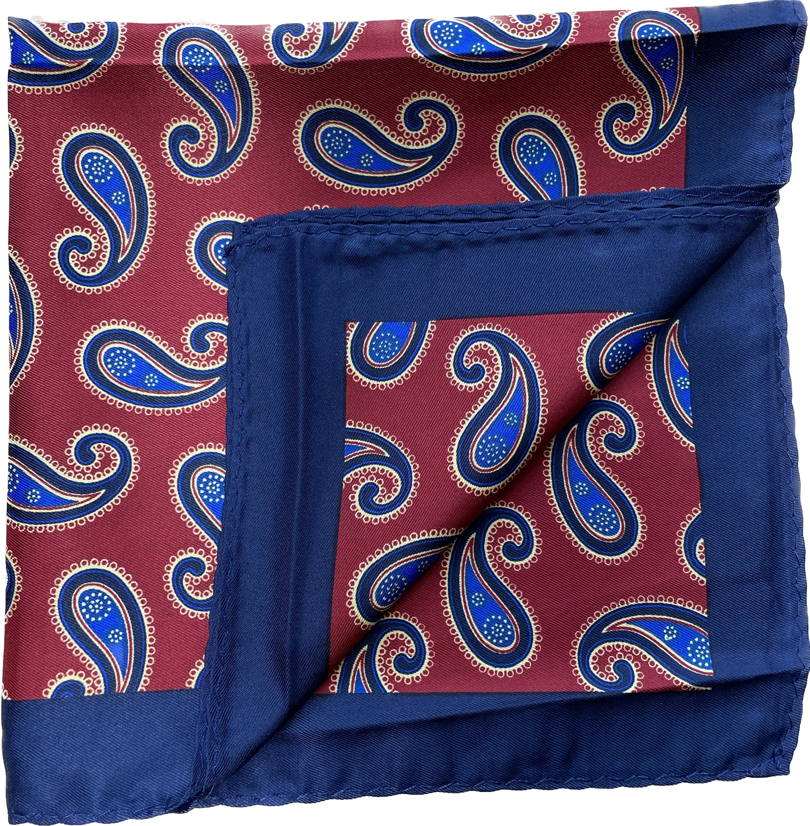 Red and Blue Paisley Silk Pocket Square in Navy