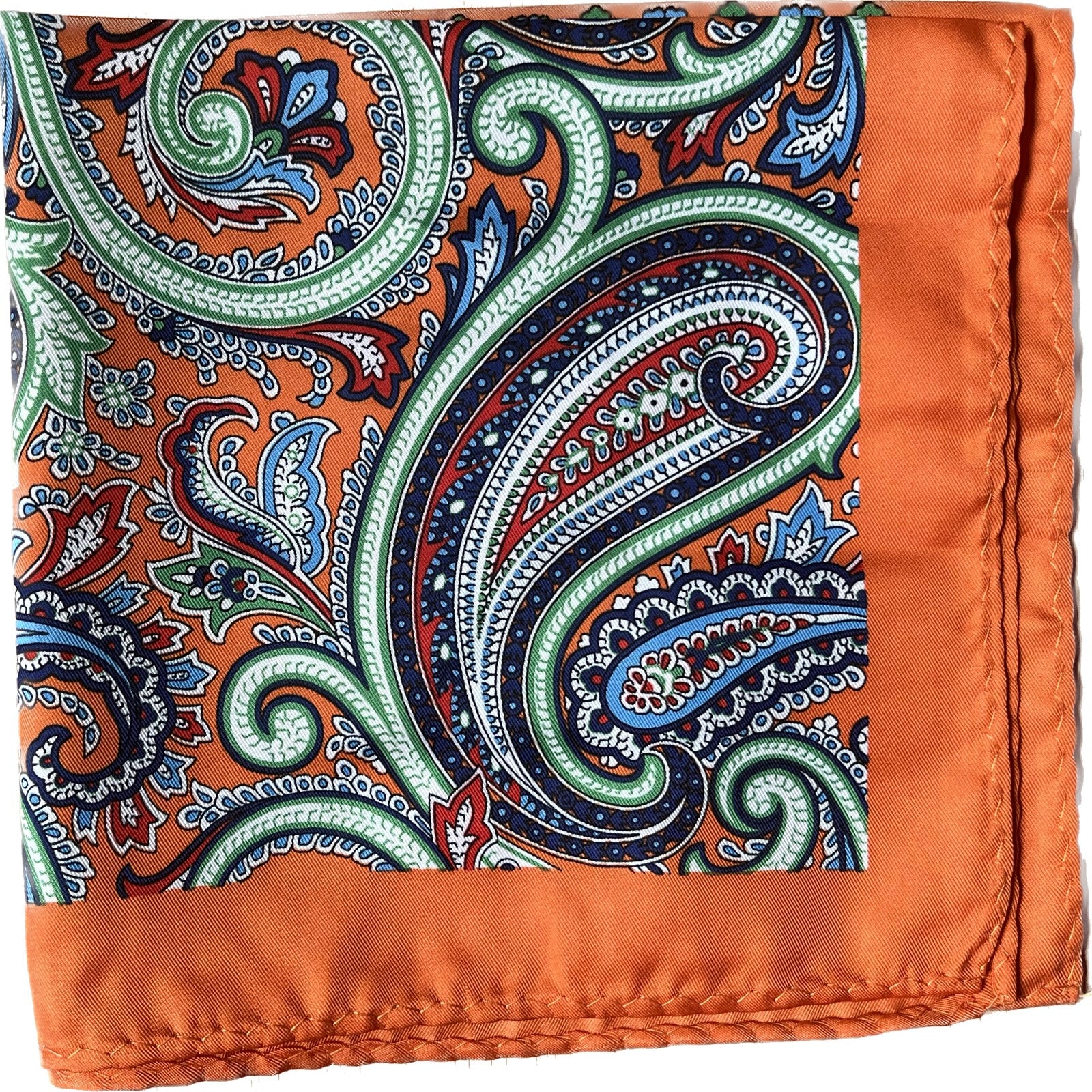 Red and Blue Paisley Silk Pocket Square in Burnt Orange