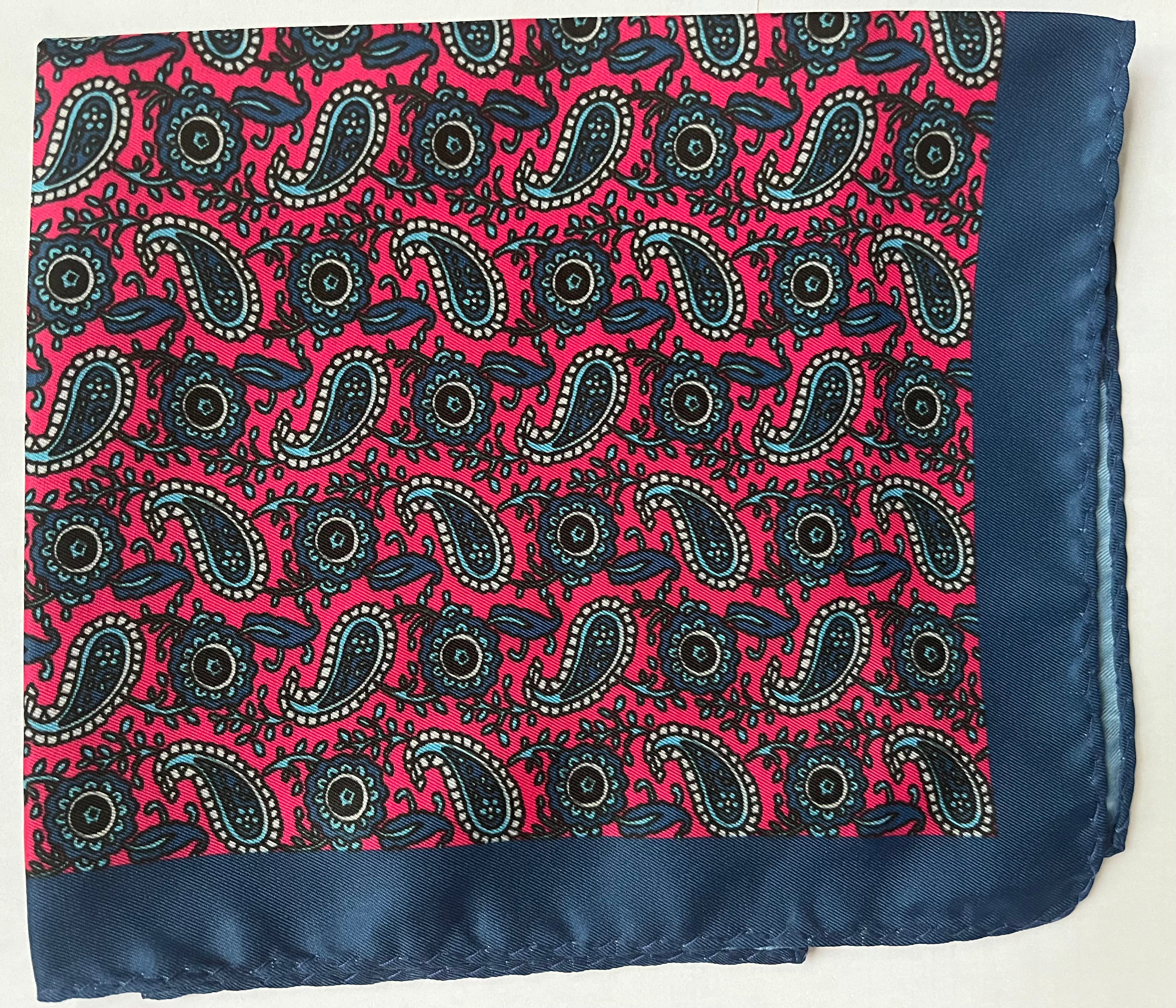 Red Paisley Silk Pocket Square in Navy Blue