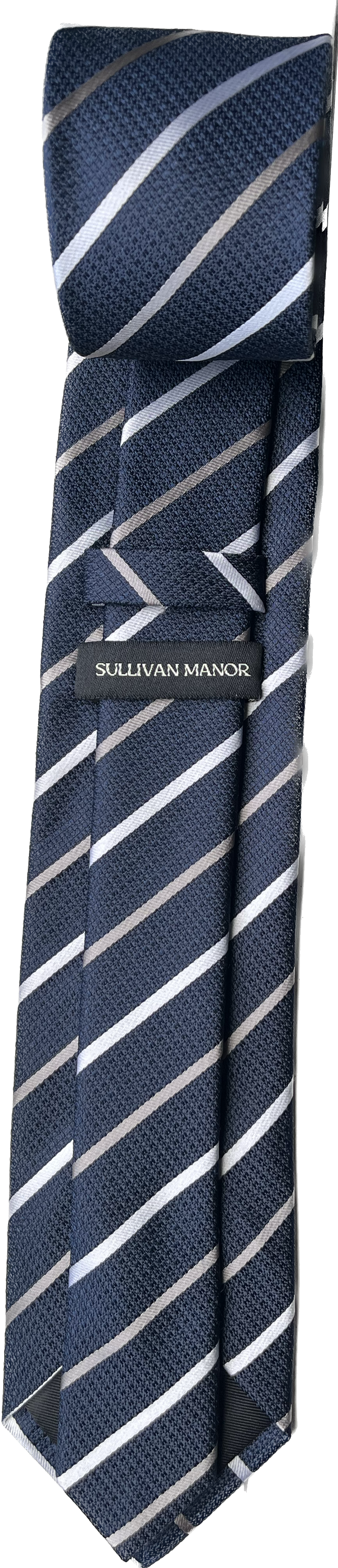 Silk Tie in Navy Blue with White and Tan Stripes