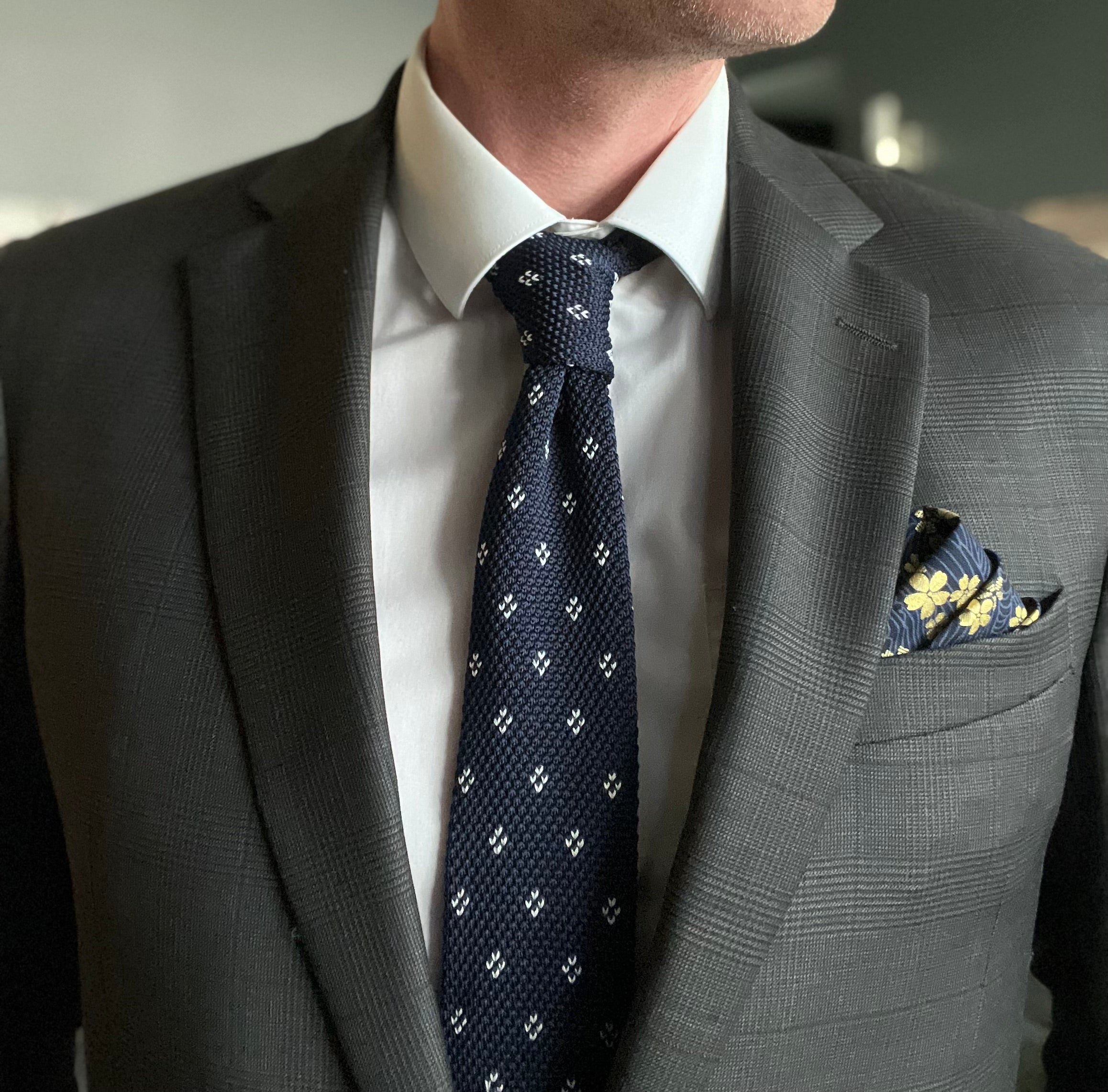 Marine Blue Knit Tie with White Diamonds