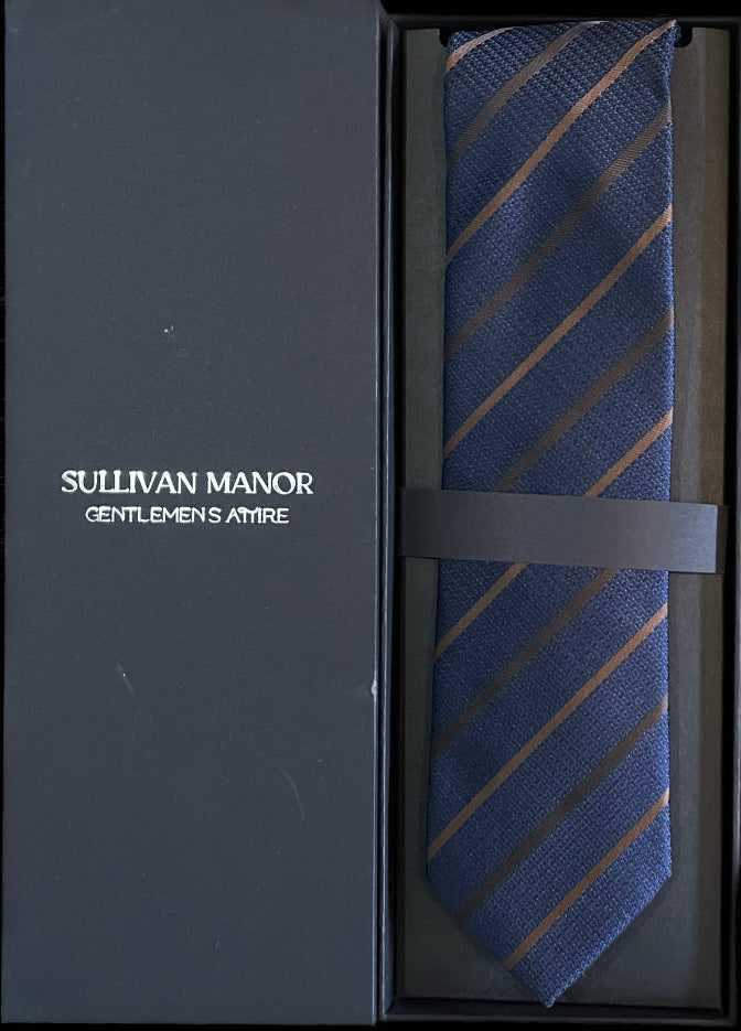 Navy Blue with Brown Stripes Silk Tie