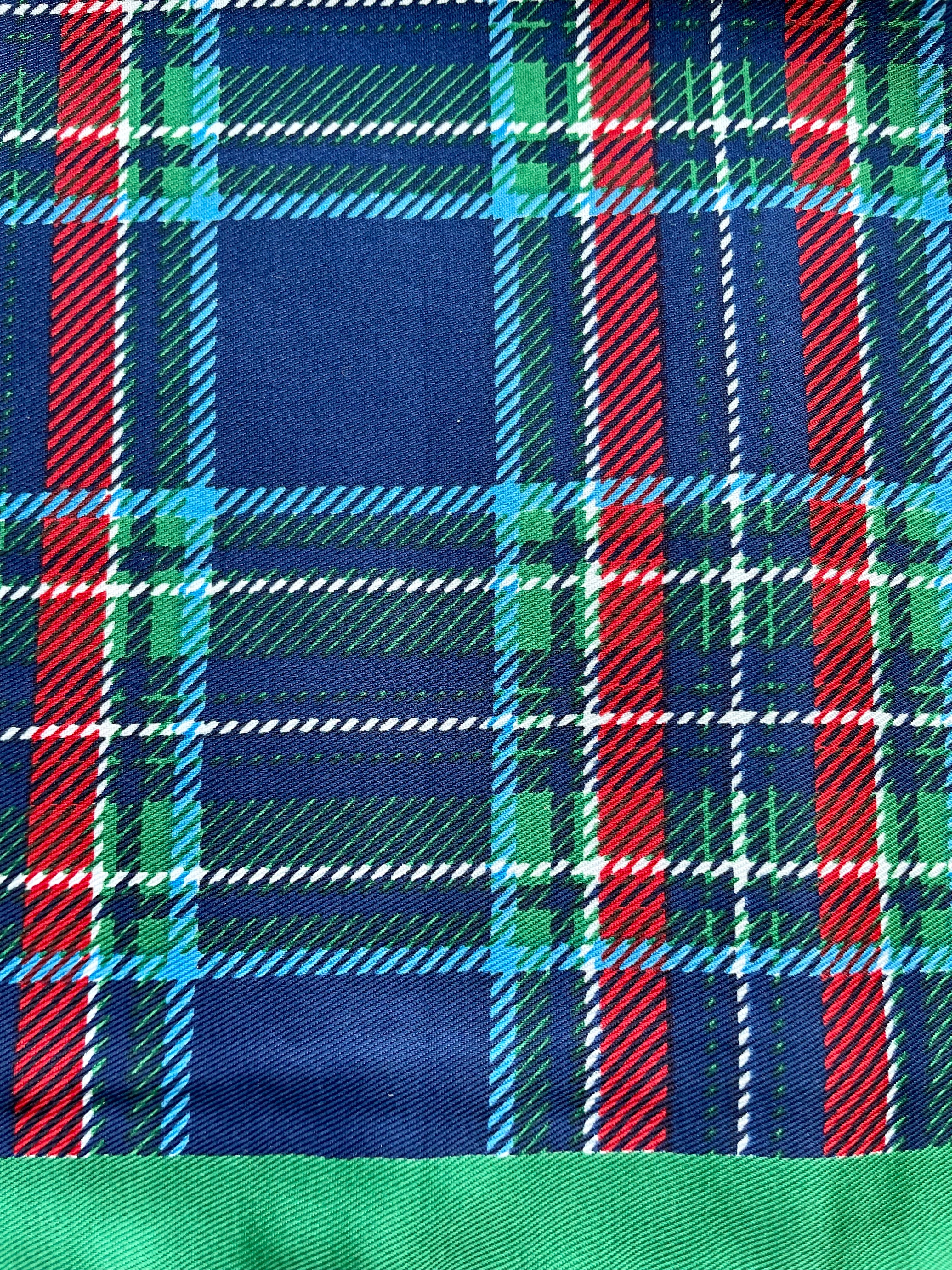 Navy and Red Plaid Silk Pocket Square with Green Border