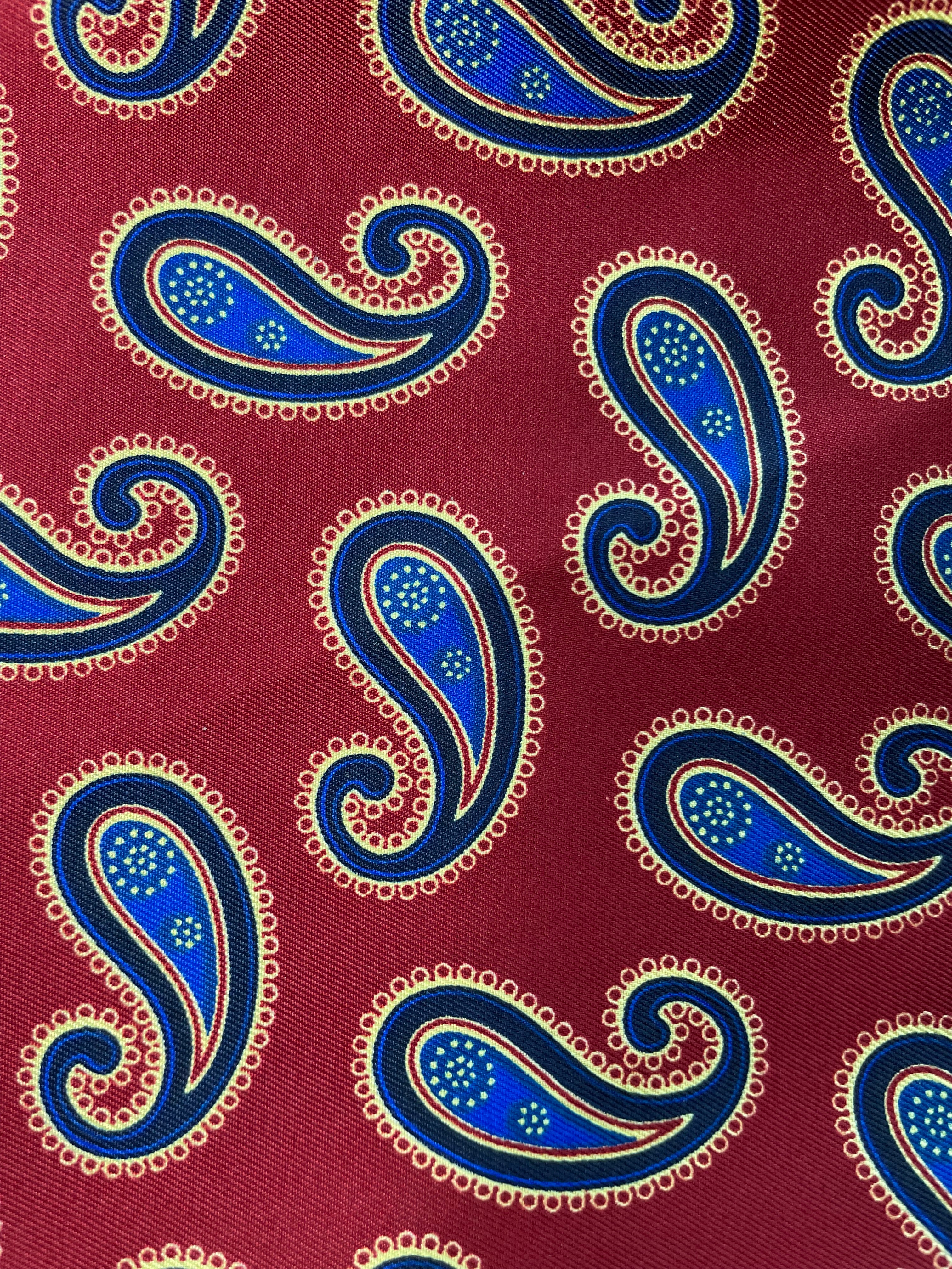 Red and Blue Paisley Silk Pocket Square in Navy