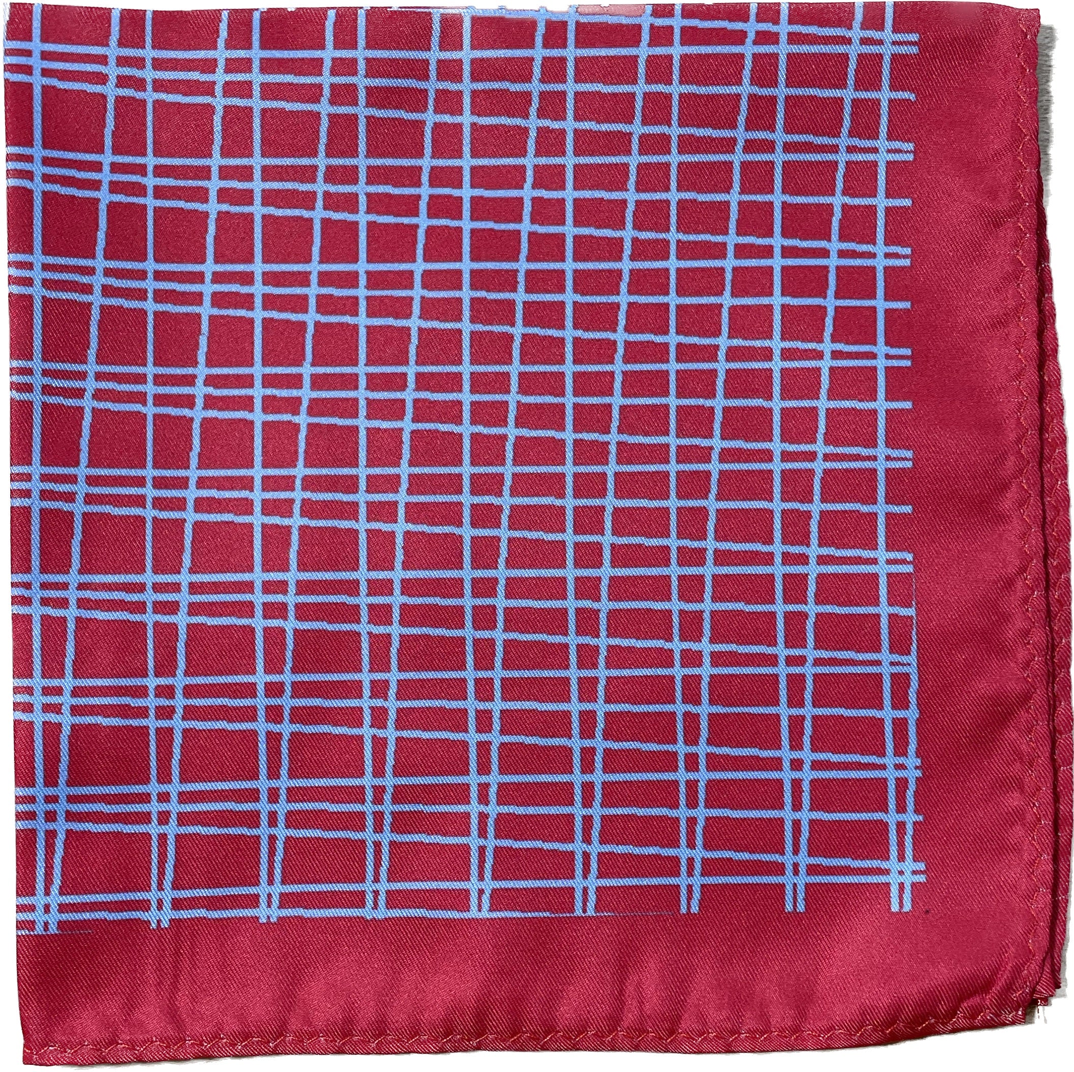 Silk Pocket Square in Crimson with Light Blue Crosshatch