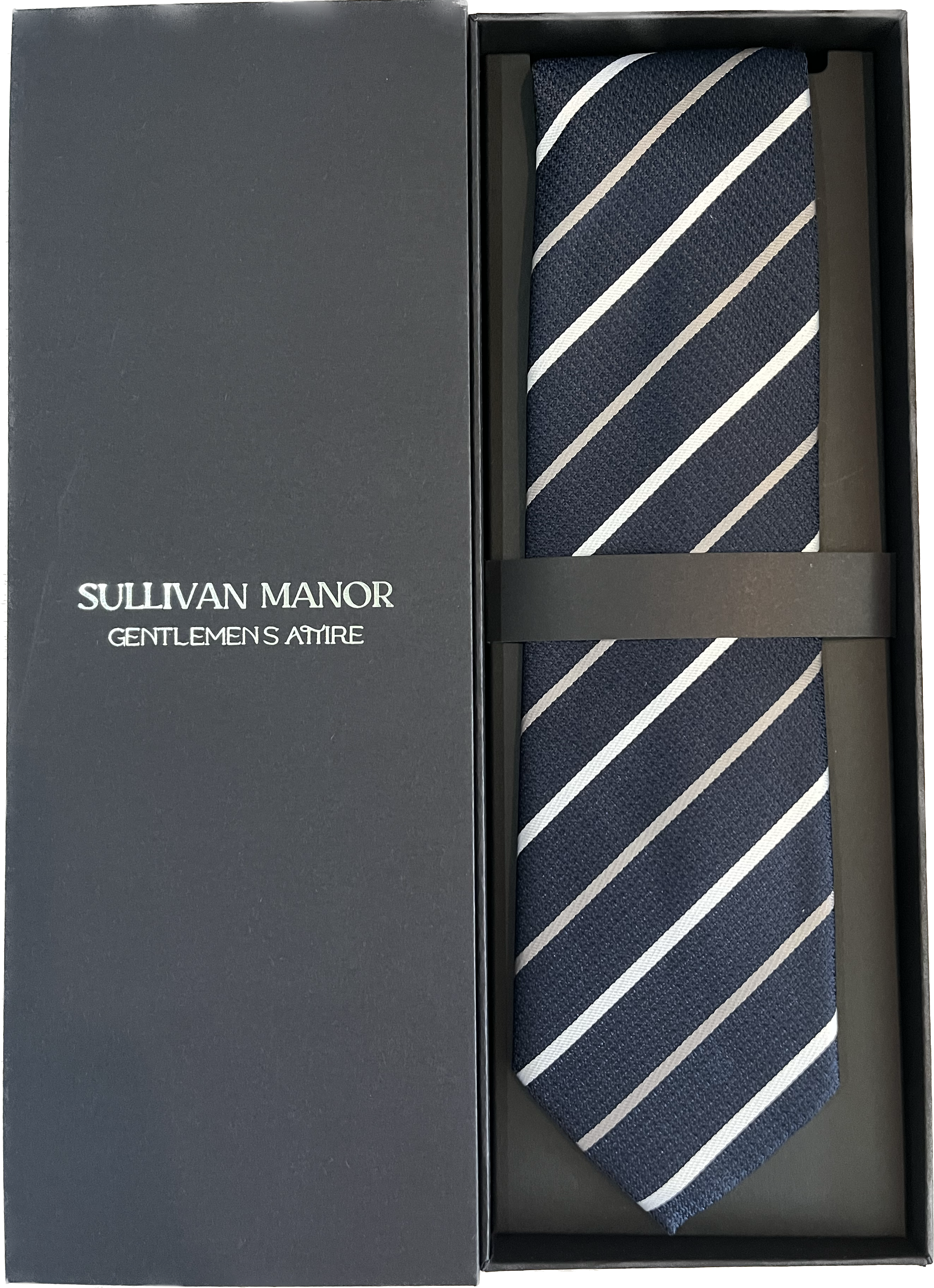 Silk Tie in Navy Blue with White and Tan Stripes