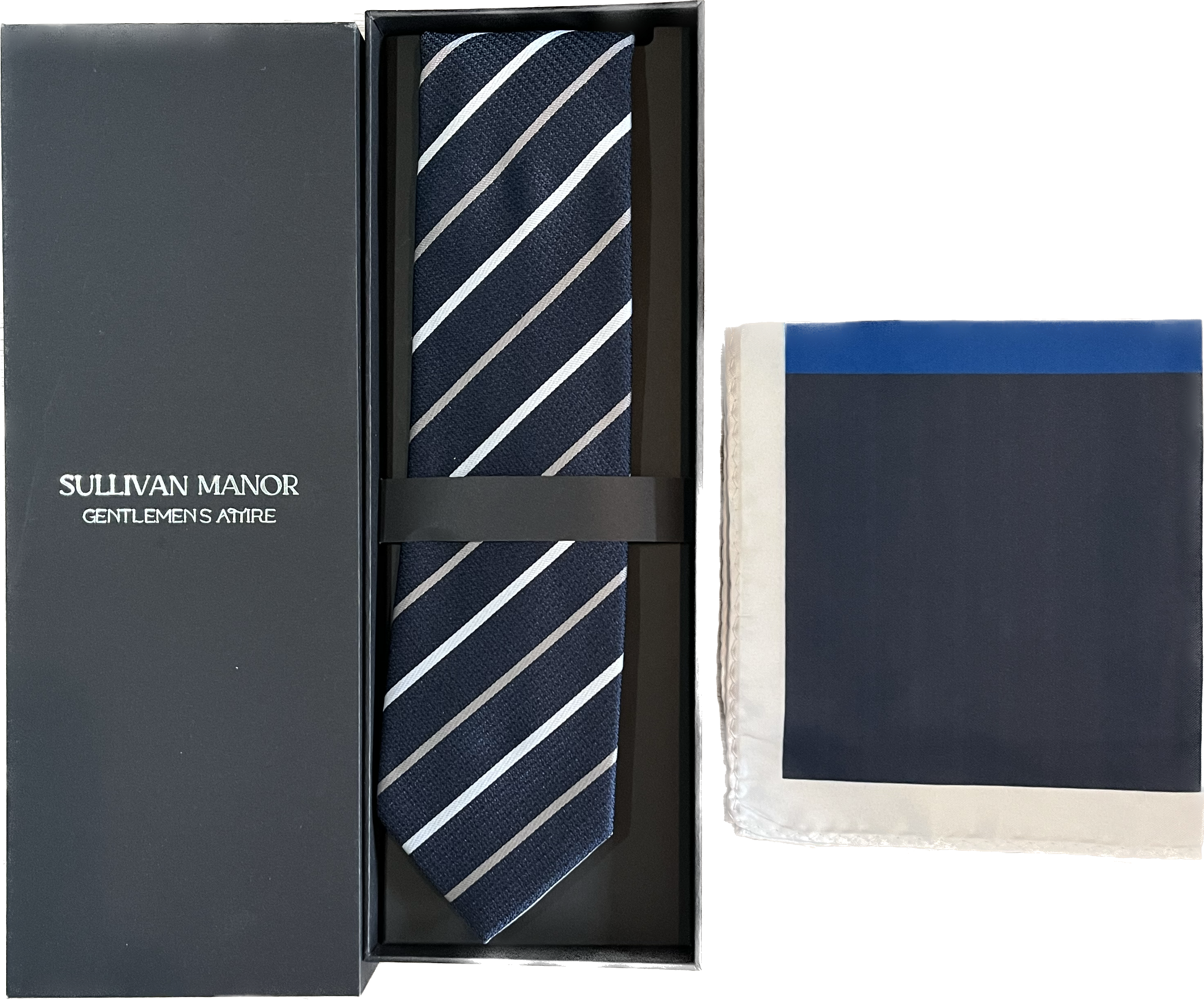 Silk Tie in Navy Blue with White and Tan Stripes