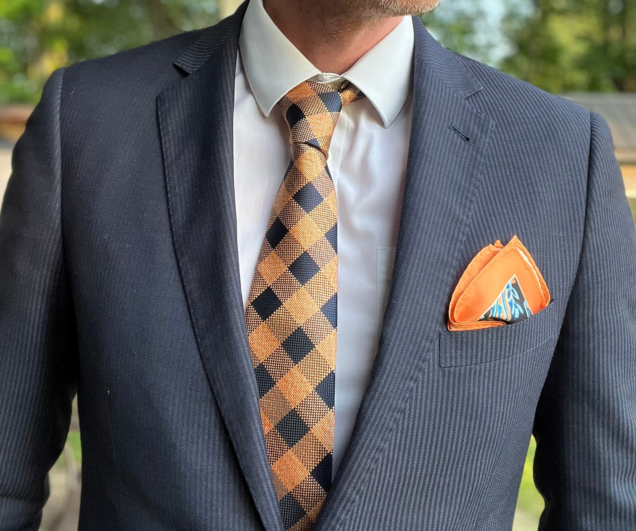 Apricot and Navy Gingham Silk Tie