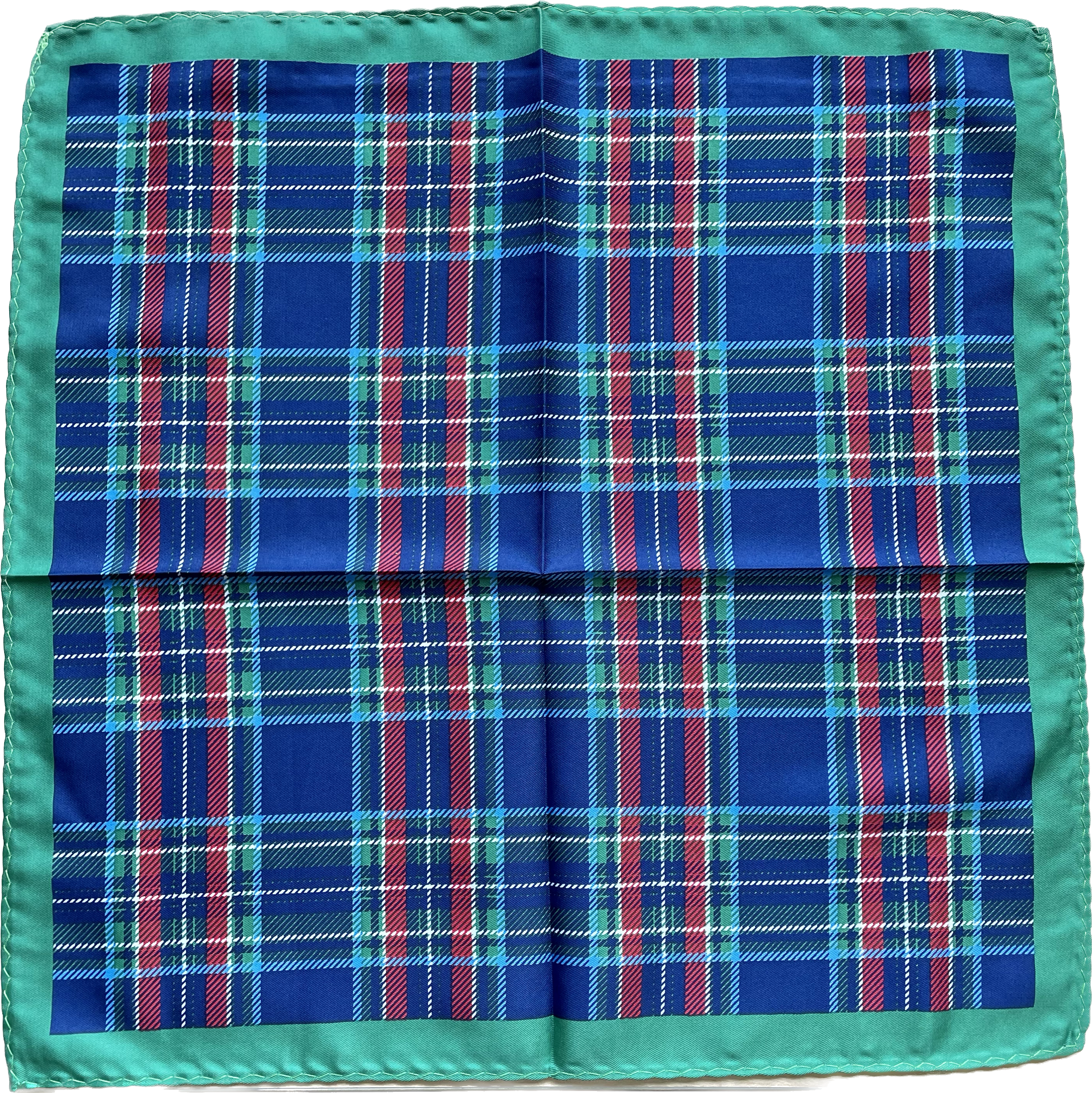 Navy and Red Plaid Silk Pocket Square with Green Border