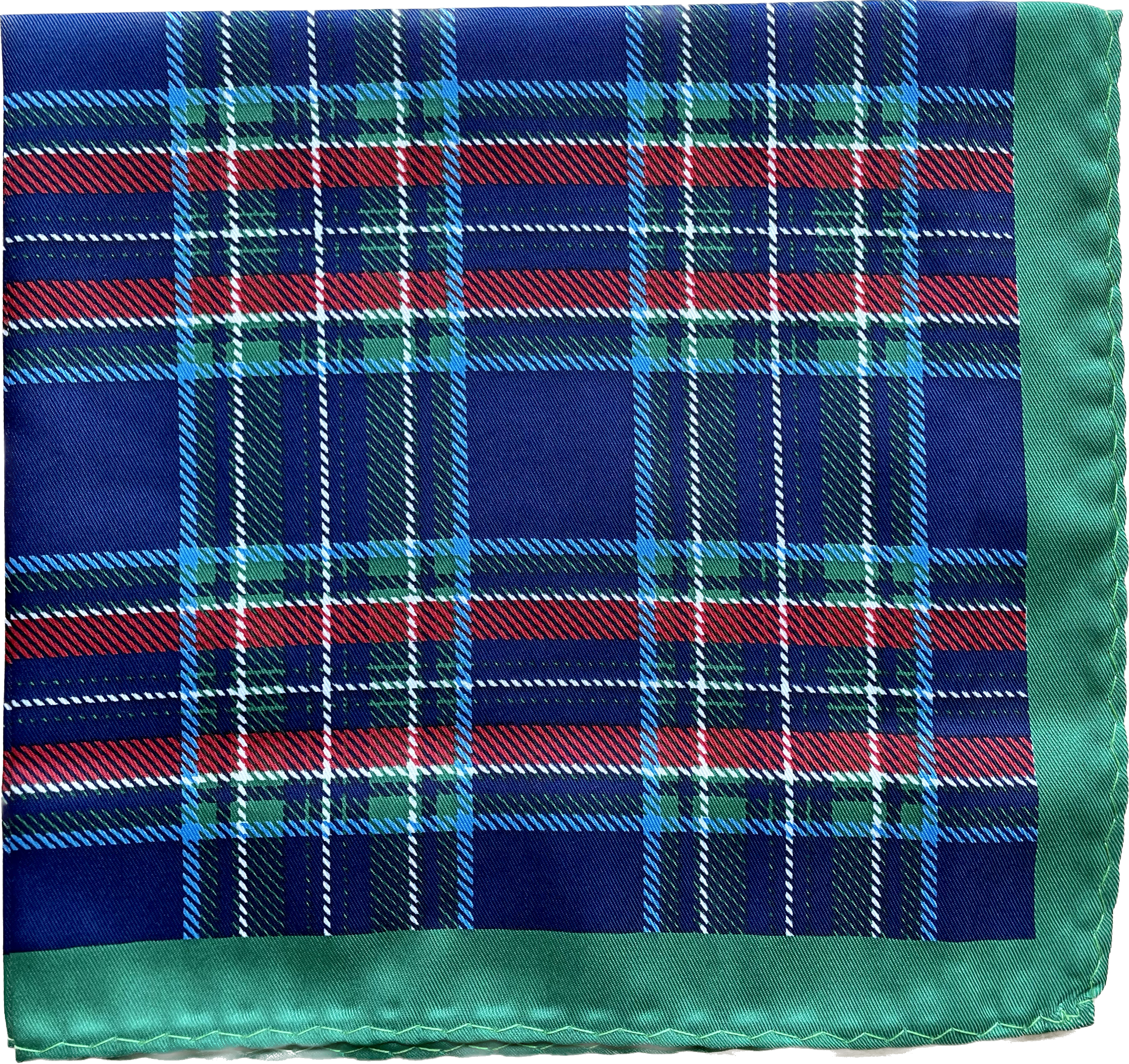 Navy and Red Plaid Silk Pocket Square with Green Border