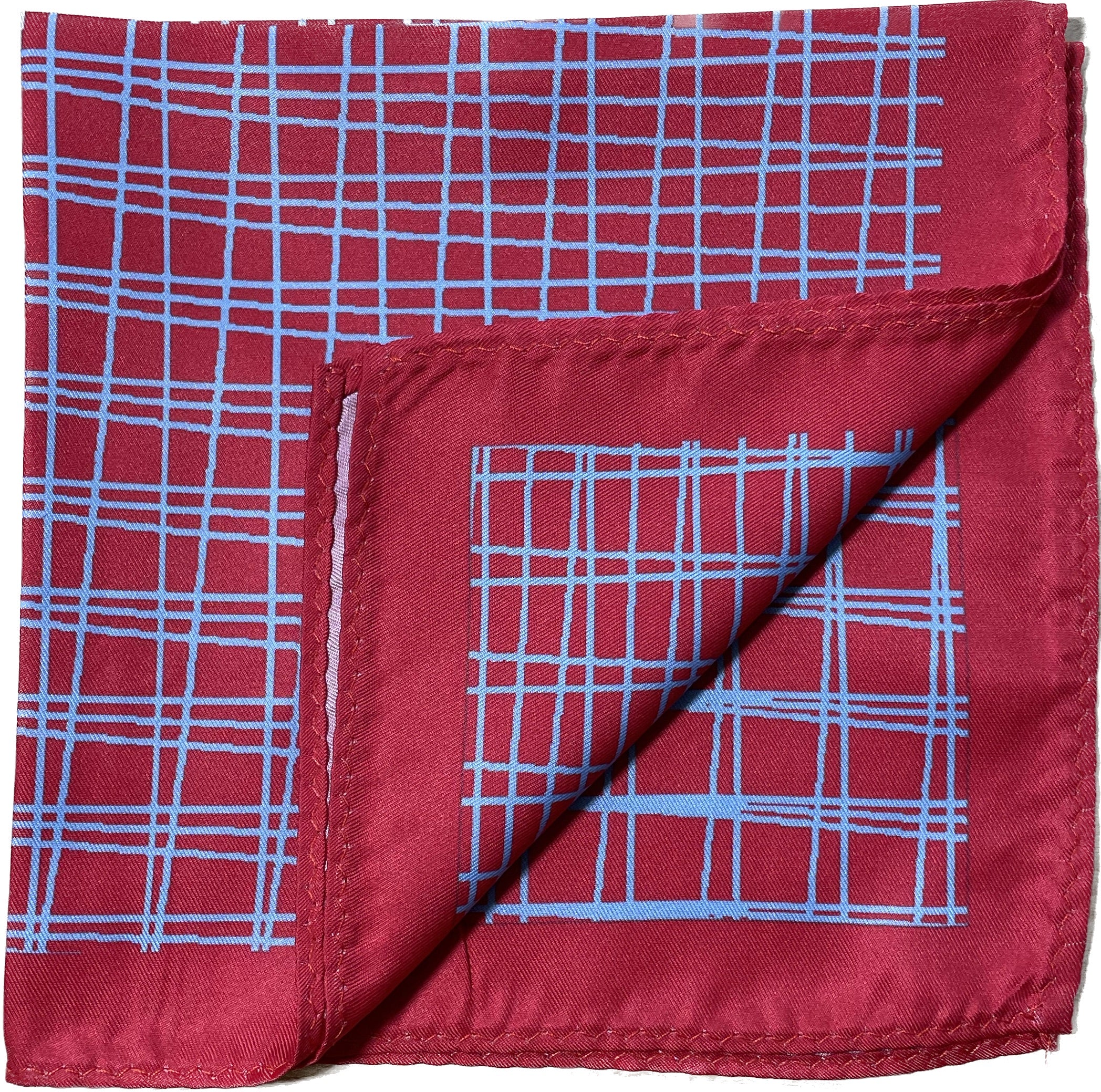 Silk Pocket Square in Crimson with Light Blue Crosshatch