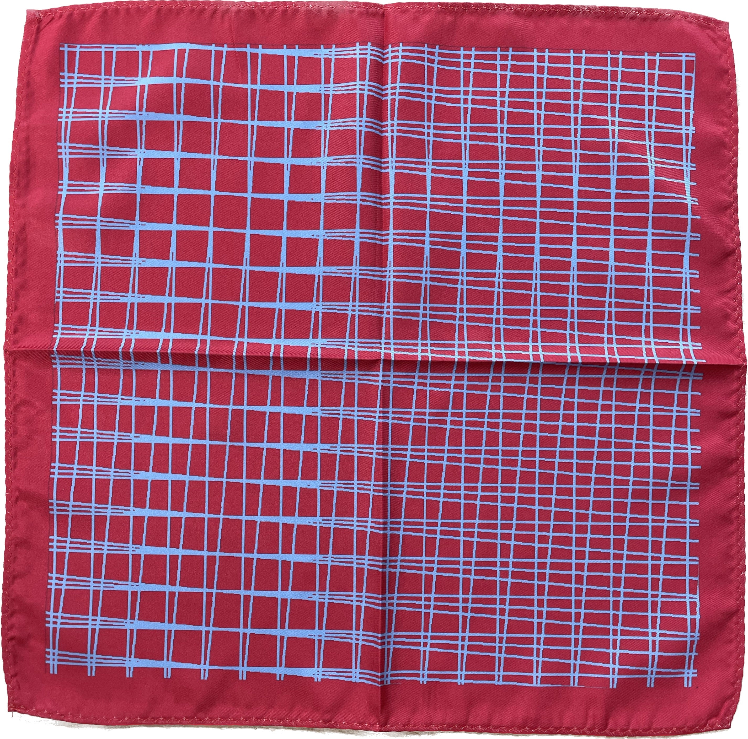 Silk Pocket Square in Crimson with Light Blue Crosshatch