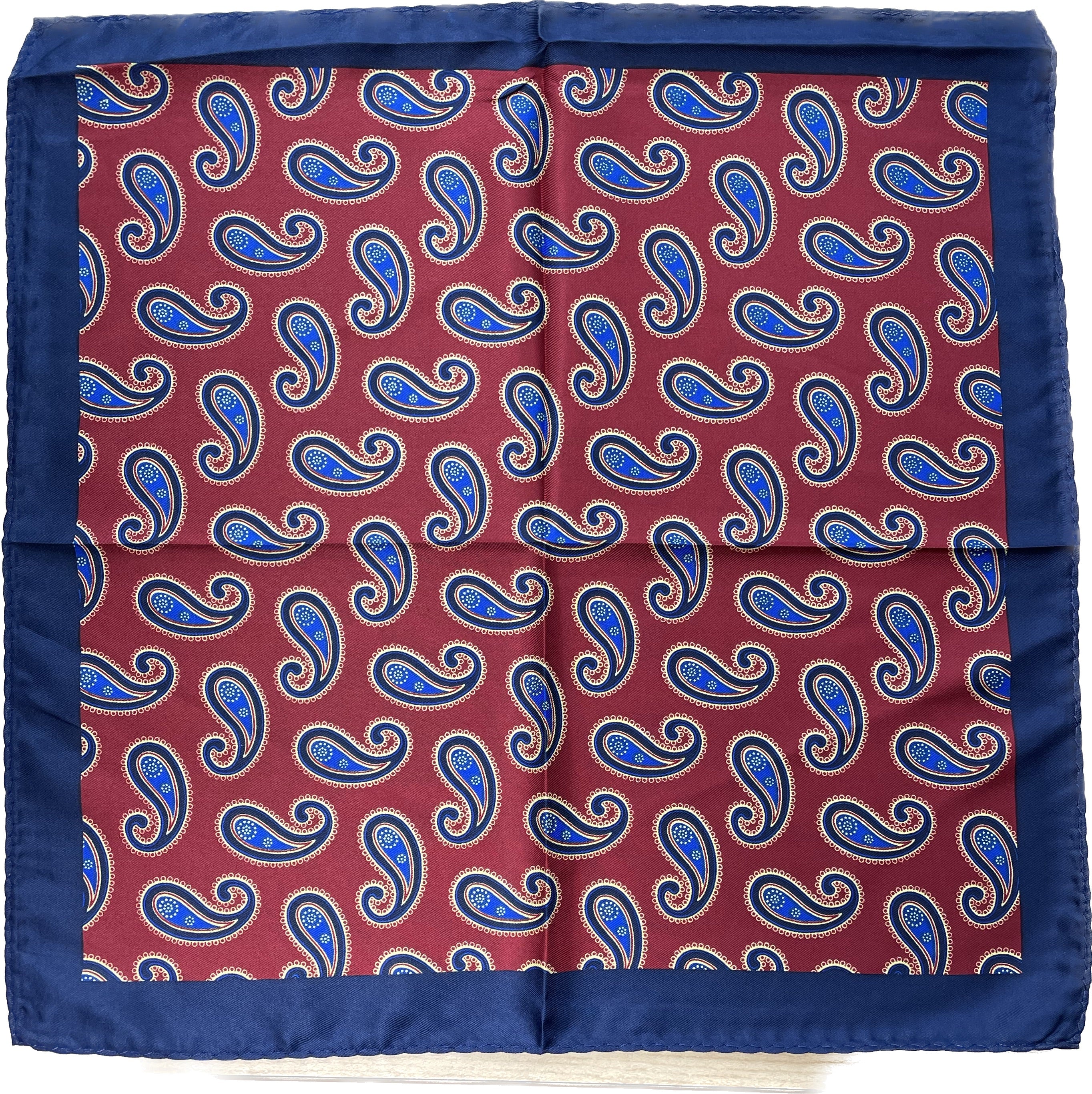 Red and Blue Paisley Silk Pocket Square in Navy