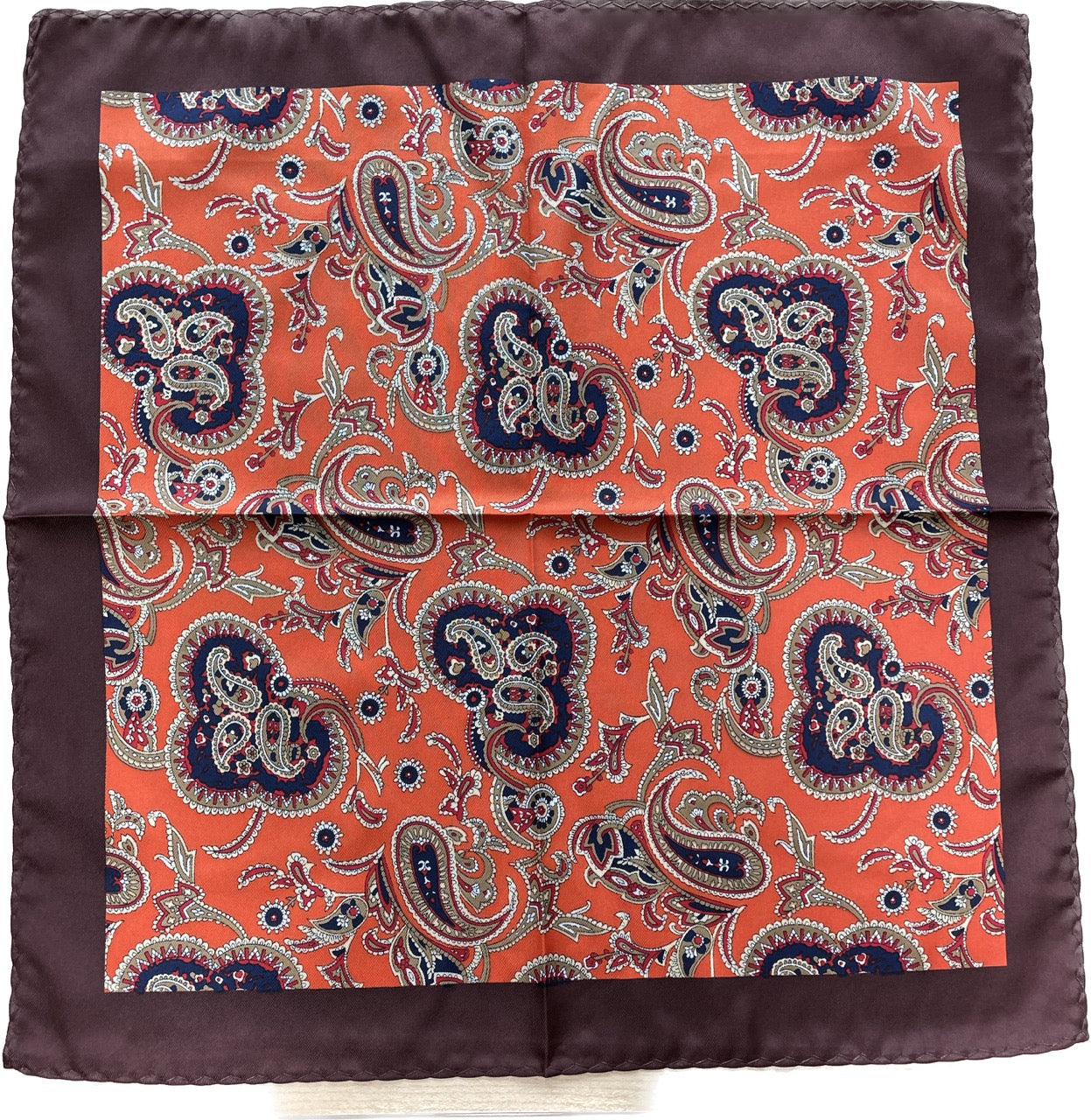 Burnt Orange Paisley Silk Pocket Square in Dark Brown