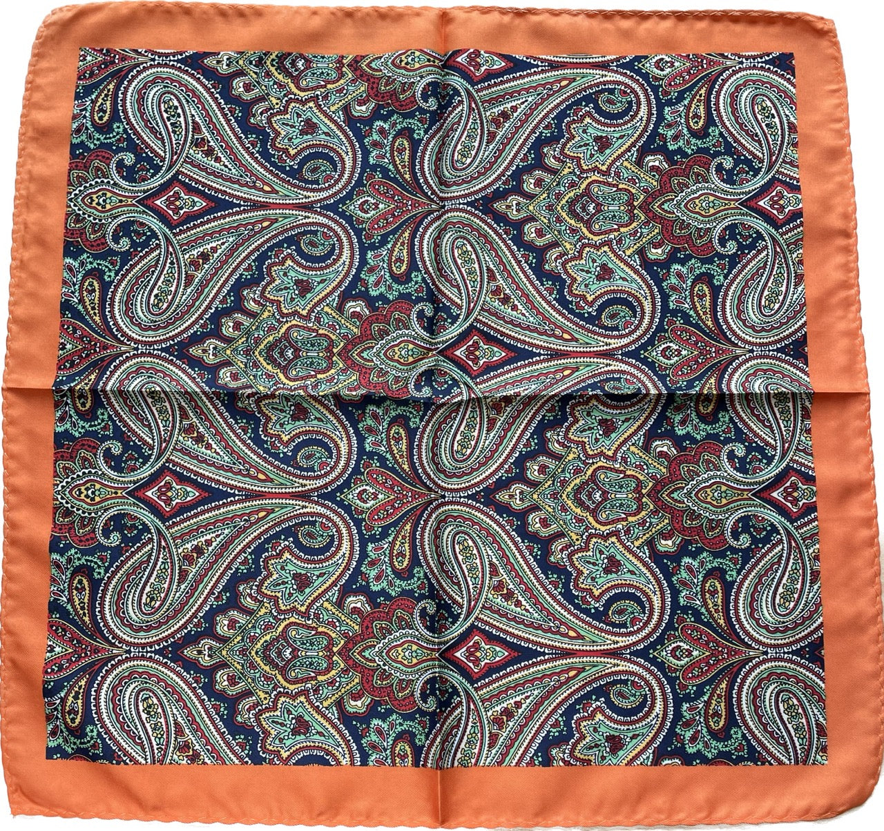 Navy Paisley Silk Pocket Square in Burnt Orange