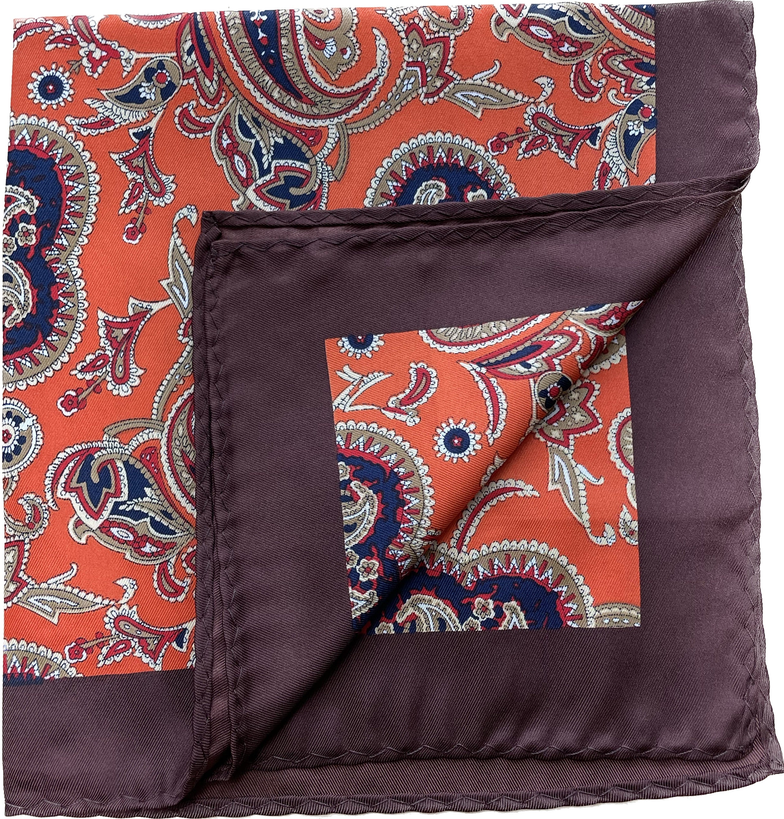 Burnt Orange Paisley Silk Pocket Square in Dark Brown