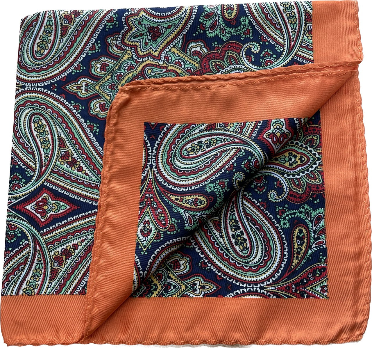 Navy Paisley Silk Pocket Square in Burnt Orange